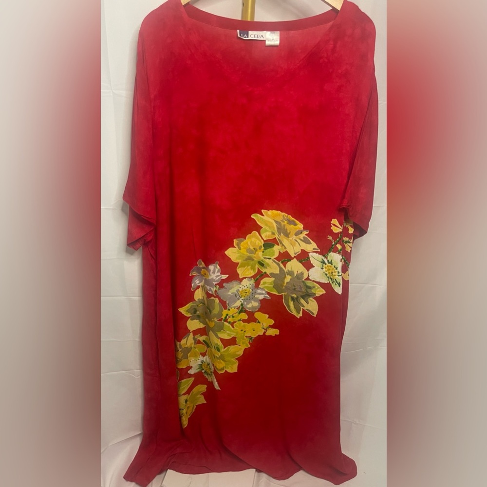 La Cera Red Floral Midi Dress | Boho Cottagecore | Lightweight Rayon | Size 4XL